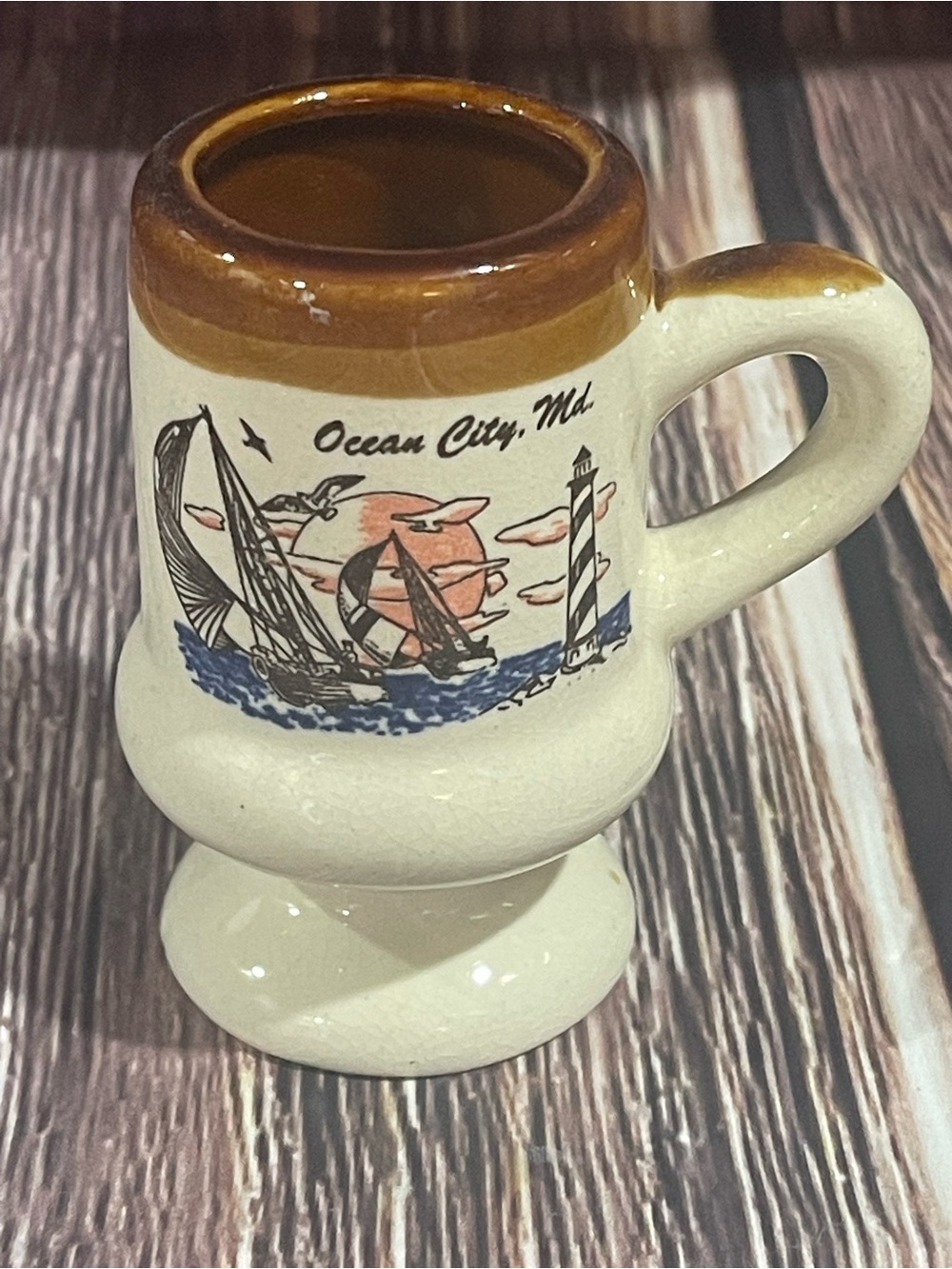 Vintage Ocean City MD Souvenir Mini Beer Stein Mug Sailboat Sunset Collectible